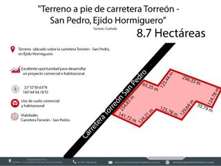 TERRENO EN VENTA FRENTE A CARRETERA TORREON - SAN PEDRO