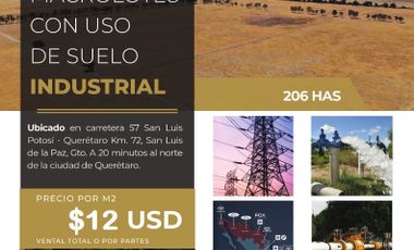 LAND for SALE for Industrial development, 206has, San Luis de la Paz. $12 USD/m2