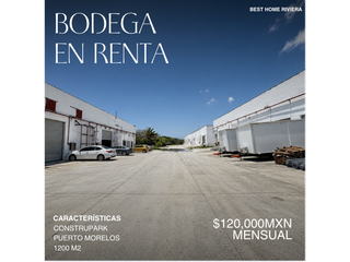 Bodega de 1200 m2 en renta en Construpark, Pto. Morelos