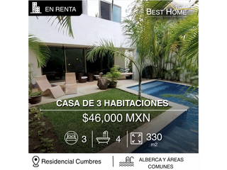 Casa en renta de 330 m2 en Cumbres, Cancún