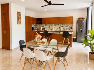 En venta departamento amueblado en planta baja privada El Origen, Mérida, Yuc.