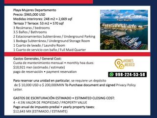 Playa Mujeres Beach Front Apartment 3 Bedrooms,  3 Recámaras