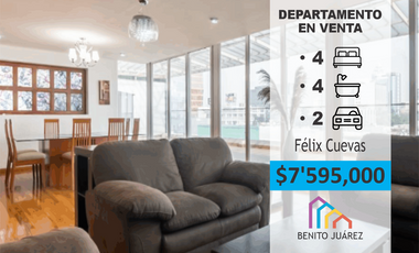 Departamento en venta en Félix Cuevas en Tlacoquemecatl, Col. del Valle