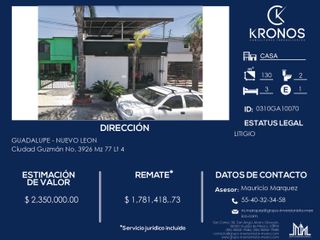 Remato casa en Guadalupe NL $ 1,781,418 Pago en efectivo