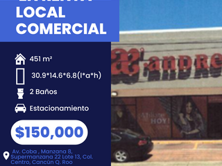 Renta de local en Av. Coba, Manzana 8, Supermanzana 22, Lote 13, Col. Centro Cancún Q. Roo (enfrente de urgencias del IMSS Hospital General de Zona No.3)