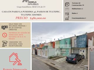 Vendo casa en PASEO LA PURISIMA 46, Paseos de Tultepec. Tultepec EDOMEX. Remate bancario. Certeza jurídica y entrega garantizada