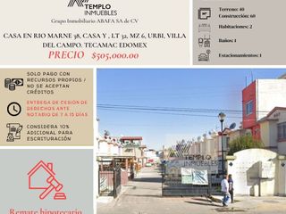 Vendo casa en RIO MARNE 38, CASA Y , LT 32, MZ 6, URBI, VILLA DEL CAMPO. TECAMAC EDOMEX. Remate bancario. Certeza jurídica y entrega garantizada