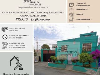Vendeo casa en Refinería Azcapotzalco 113, San Andres. Azcapotzalco CDMX. Remate bancario. Certeza jurídica y entrega garantizada