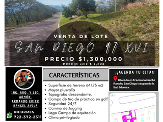 Lote SAN DIEGO 97 MZ XVI con bonitas vistas todos los servicios proyecto incluído sobre Boulevard Fracc Rancho San Diego Ixtapan de la Sal EDOMEX