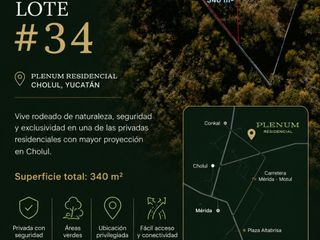 TERRENO RESIDENCIAL,CHOLUL, NORTE DE MÉRIDA EN PRIVADA PLENUM
