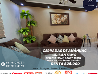 Casa en renta en Cerradas de Anáhuac Sector Crisantemo, de 3 niveles, amueblada.