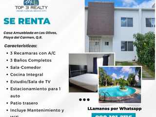 Se Renta Casa Amueblada en Los Olivos I, Playa del Carmen (3Rec/3 Baños)