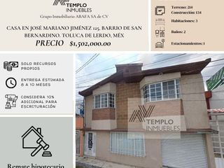 Vendo casa en José Mariano Jiménez 125, Barrio de San Bernardino. Toluca de Lerdo, Méx. Remate bancario. Certeza jurídica y entrega garantizada