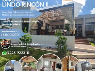 Venta de CASA LINDO RINCÓN II con enorme jardín en lote plano muy bien ubicado en TONATICO EDOMEX con todos los servicios, amueblada y equipada