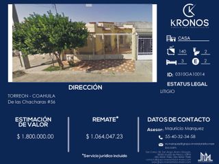 Remato casa en Torreon Coahuila $ 1,064,047.23 Pago en efectivo